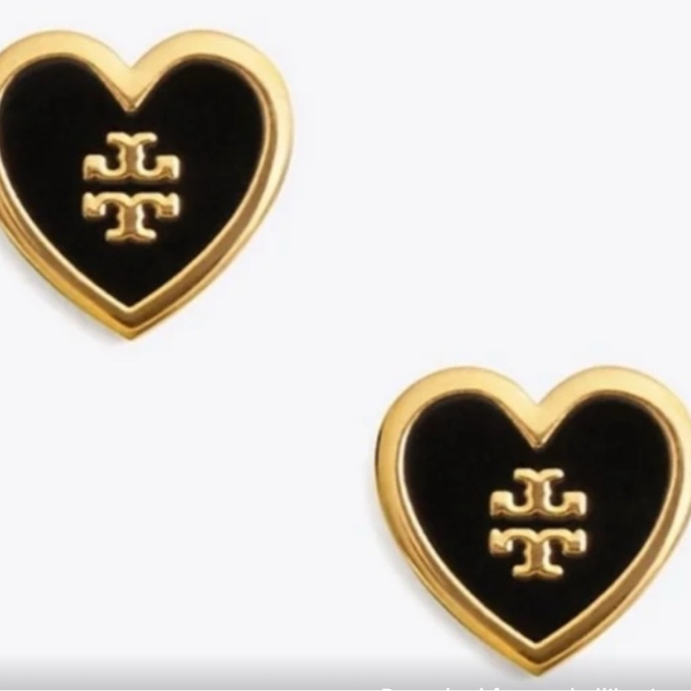 Tory Burch Black and Gold Heart Studs